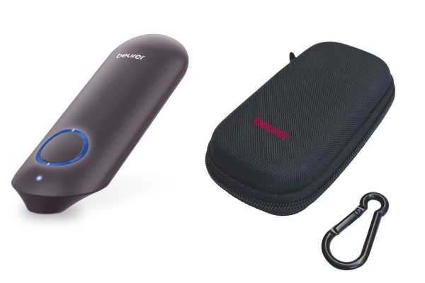 Abbildung des Insektenstichheilers BR 65+ mit Karabinerhaken und Reiseetui