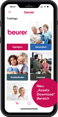 Das Bild zeigt die App der Beurer Academy mit einer Übersicht über deren Funktionen.