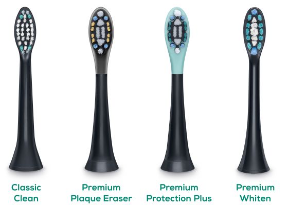 Das Bild zeigt die Bürstenköpfe „Classic Clean“, „Premium Plaque Eraser“, „Premium Protection Plus“ und „Premium Whiten“ auf weißem Hintergrund.