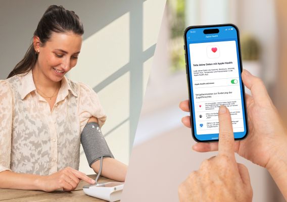Das Bild zeigt eine junge Frau, die an einem Tisch sitzt und an ihrem Oberarm eine Messung mit einem Beurer Blutdruckmessgerät ausführt. Die andere Bildhälfte zeigt ein Smartphone, das die App "beurer HealthManager Pro", von der die Werte auch auf Apple Health übertragen werden können.