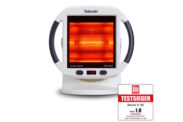 Produktabbildung der Infrarotlampe Beurer IL 50 mit Bild-Testsieger-Siegel.