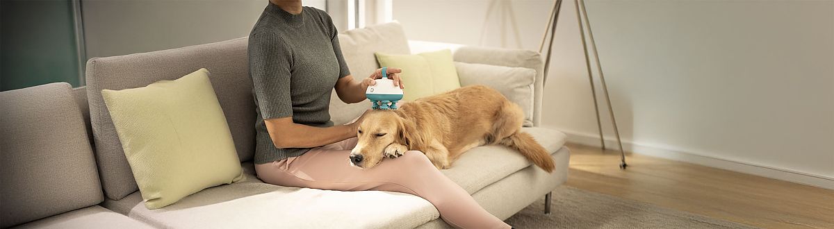 Perro tumbado con la cabeza sobre su dueña, que le da un masaje con el aparato de masaje PP 410 de Beurer. 