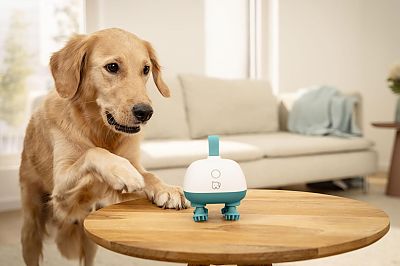 Un perro empuja con la pata el masajeador para animales PP 410 sobre una mesa con interés