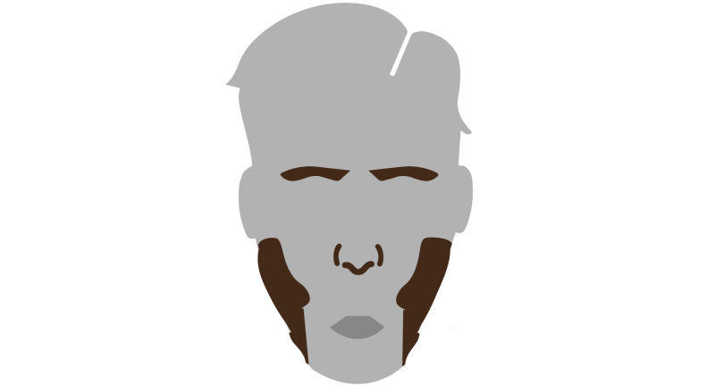 Einfache, grafische Darstellung eines männlichen Gesichts mit kurzem Haar und Backenbart