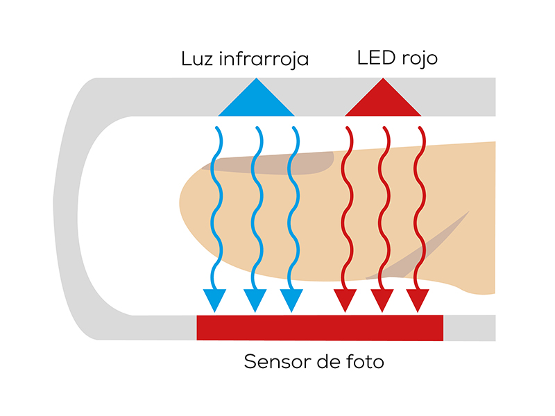 El pulsioxímetro mide el contenido de oxígeno en la sangre a través de diferentes rayos de luz en el dedo