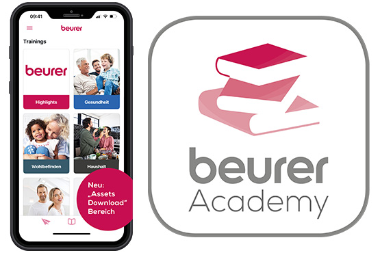 Das Logo der Beurer Academy und eine Übersicht der App